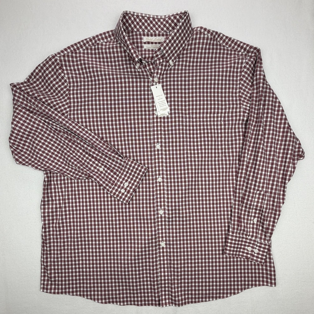 Roundtree & Yorke Gold Label Mens XXL Burgundy Gingham Non-Iron Sport Shirt NWT